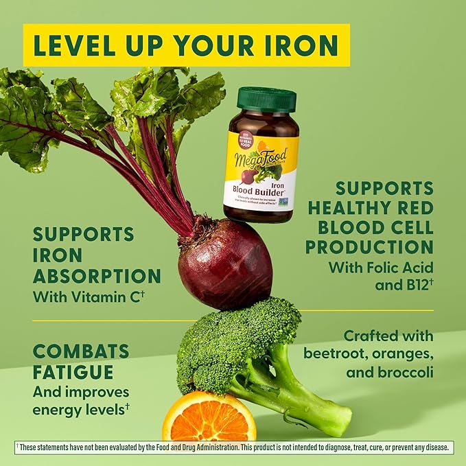 MegaFood Blood Builder Iron Supplement Clinically Shown to Increase Iron Levels Without Side Effects, Vegan Supplement For Women with Vitamin C, Vitamin B12 & Folic Acid, 60 Tablets