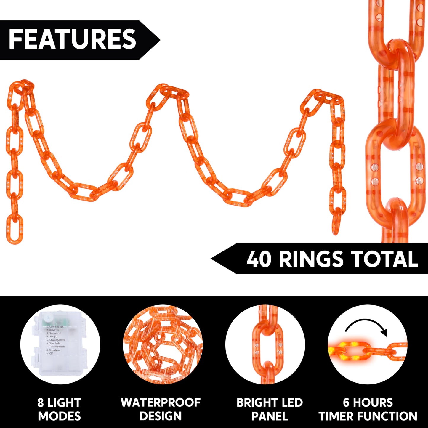 Joyin 8Ft Halloween String Lights Battery Powered Led Plastic Chain String Lights Waterproof  8 Lighting Modes  Timer Function  Led Light For Halloween Party Yard Pathway Indoor Outdoor Decor(Orange)