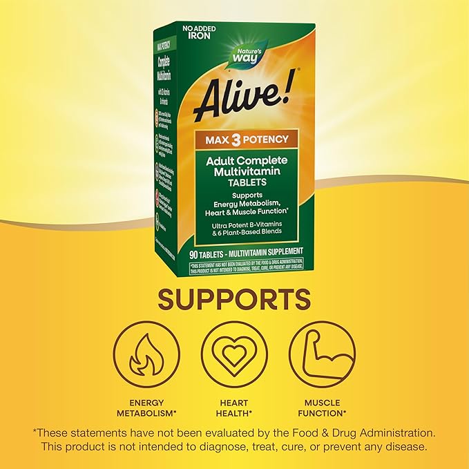 Nature's Way Alive! Max3 Potency Adult Complete Multivitamin, High Potency B-Vitamins to Support Energy Metabolism*, with Methylated B12 and Folate, No Added Iron, 90 Tablets