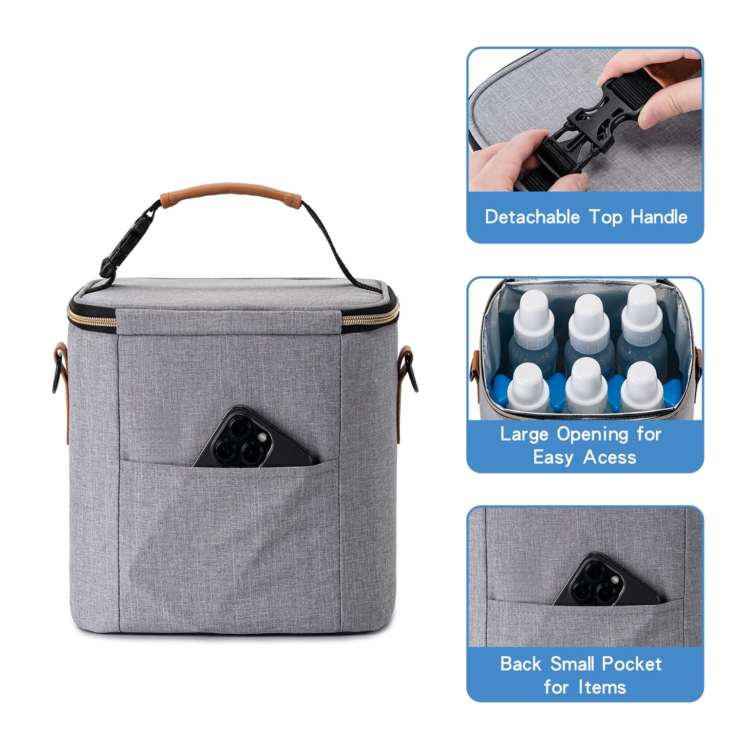 BABEYER Breastmilk Cooler Bag with Ice Pack Fits 6 Baby Bottles Up to 9 Ounce, Baby Bottle Bag with Shoulder Strap for Nursing Mom Daycare, Grey