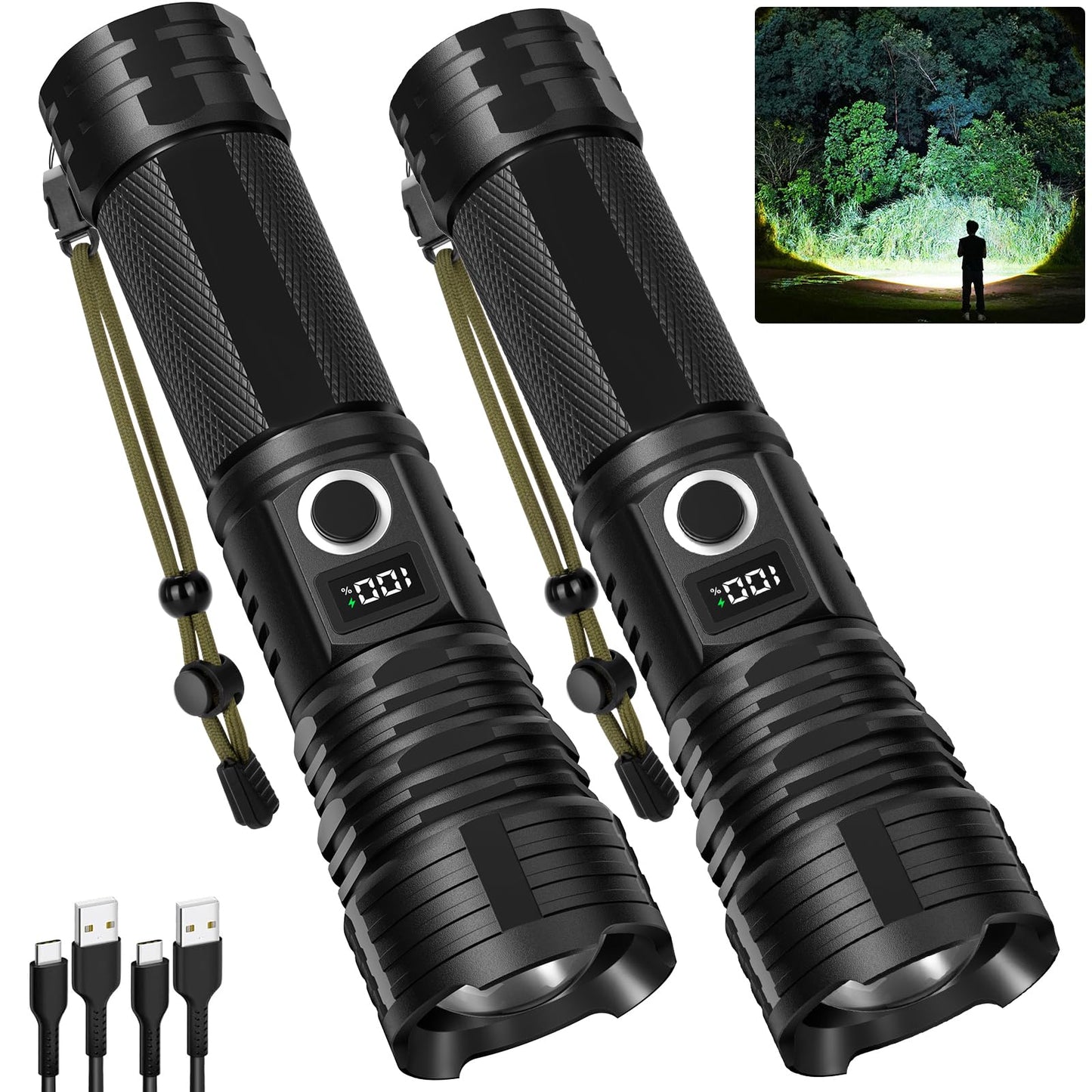 QOPOYU Tactical Flashlight 90,000 Lumen Rechargeable IPX7 Waterproof Aluminum Black Model T90YJ