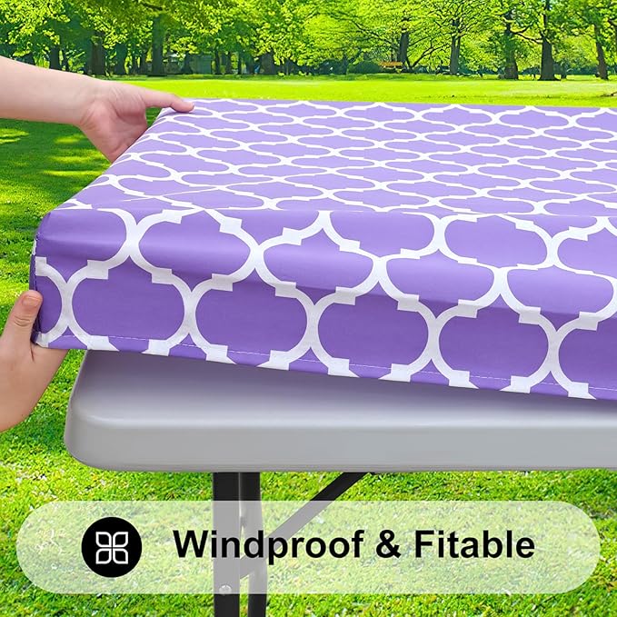 Smiry Rectangle Picnic Table Cover, Waterproof Elastic Fitted Camping Tablecloths for 8 Foot Tables, Wipeable Flannel Backed Vinyl Tablecloth Protector for Indoor, Outdoor (Lavender, 30x96 Inches)
