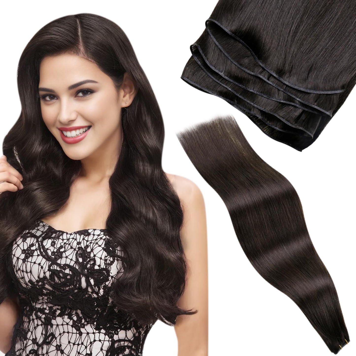 LaaVoo Hand Tied Weft Hair Extensions Human Hair Dark Brown Sew in Hair Extensions Real Human Hair Genius Weft Hair Extensions D