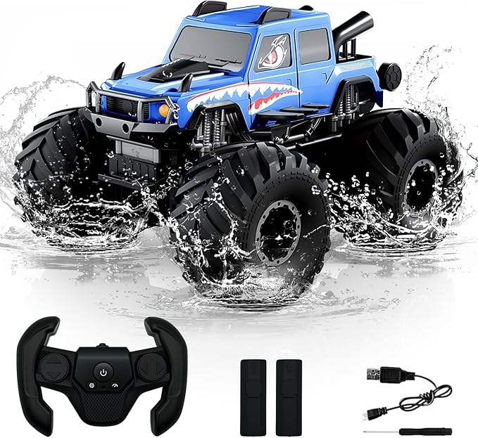 Amphibious Remote Control Trucks,2.4G 1:18 4WD All Terrain Off-Road Waterproof Monster RC Cars Pool Toys Hobby RC Vehicle Christmas Birthday Gifts for Kids Boys Girls 8 9 10 11 12+ Bule