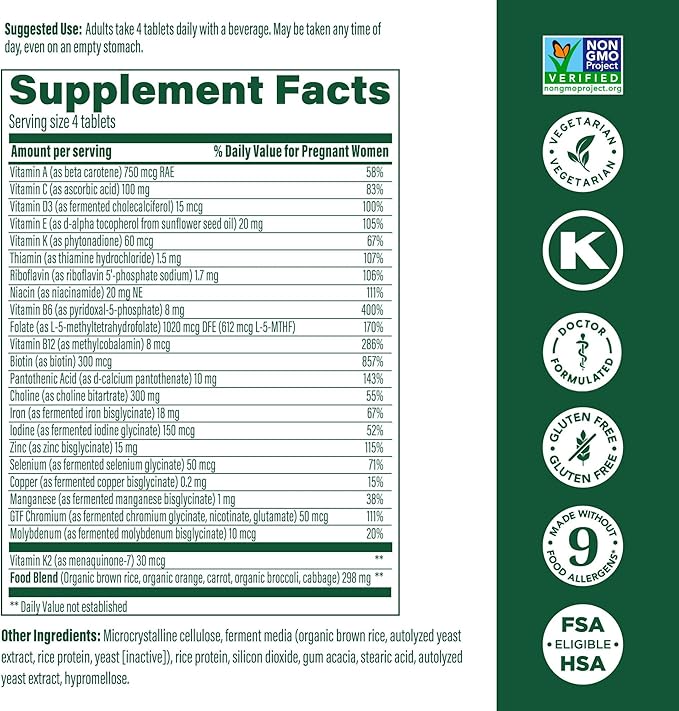 MegaFood Baby & Me 2 Prenatal Multi Minis - Prenatal Vitamins for Women with Choline & Methyl Folate - Gluten-Free, Vegetarian, Pre Natal Multivitamin for Women – 120 Minis Tablets, 30 Servings