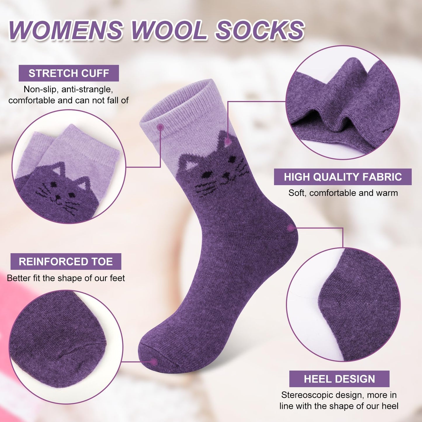 Justay 5 Pairs Womens Wool Socks - Thick, Warm, Winter, Cozy Vintage Knit Cat Crew Socks - Gifts for Women