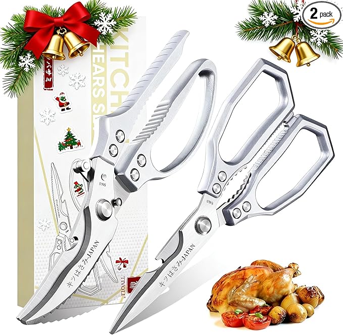 TIVOLI Kitchen Scissors Set Silver,Japanese Stainless Steel Kitchen Shears for Food, Heavy Duty Poultry Shears, Food Scissors for Meat,Chicken Bones and Turkey,Ideal Gift