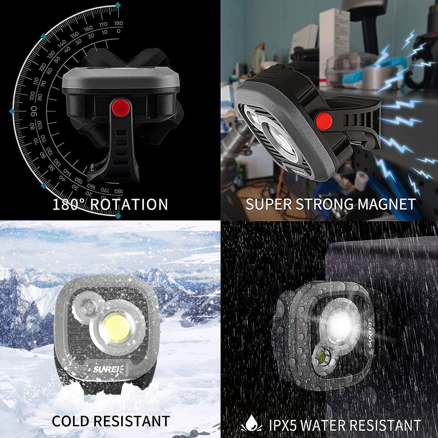 LED Rechargeable Magnetic Work Light SUNREI Mechanic Light Power Bank 180° Rotating,1500LM, 6 Modes,Magnetic&Hook, IPX5 Waterproof, Magnetic Flashlight for Camping, Car Repairing(Gary)