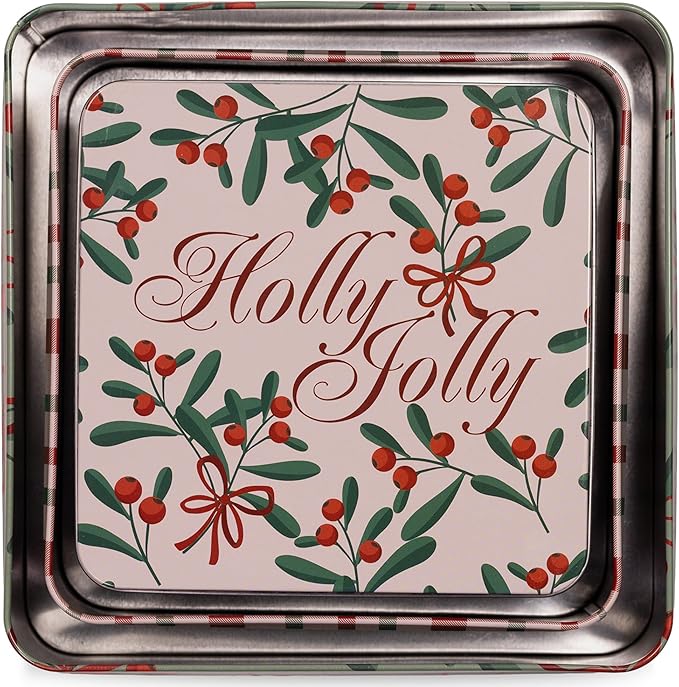 Steel Mill & Co Tin Containers with Lids, 3 Pack Christmas Cookie Tins, Festive Cookie Tins for Gift Giving & Holiday Treats, Square Metal Nesting Containers (Holly Jolly)