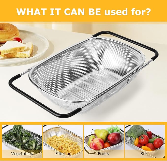 ZDRongZhen Kitchen Accessories Over the Sink Colander Strainer Basket，Stainless Steel Colander with Expandable Rubber Grip Sink Drainer-Rinse Vegetables Fruits &Strain&Drain (Medium-Dense round hole)