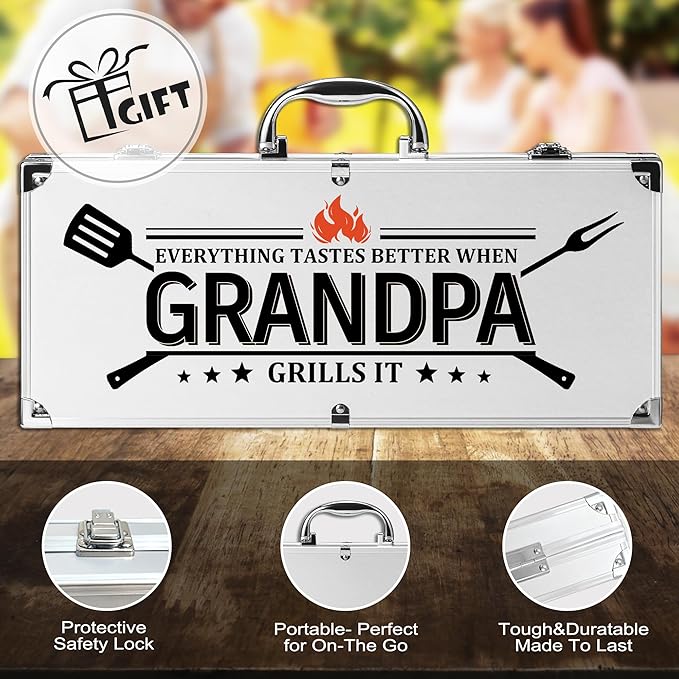 Grandpa Gifts, Grandpa Birtdhay Gifts from Grandkids Heavy Duty Grilling Accessories Kit for Backyard BBQ, Thick Stainless Steel Grill Utensils with Non-Slip Handle Tool on Christmas Grandparents Day
