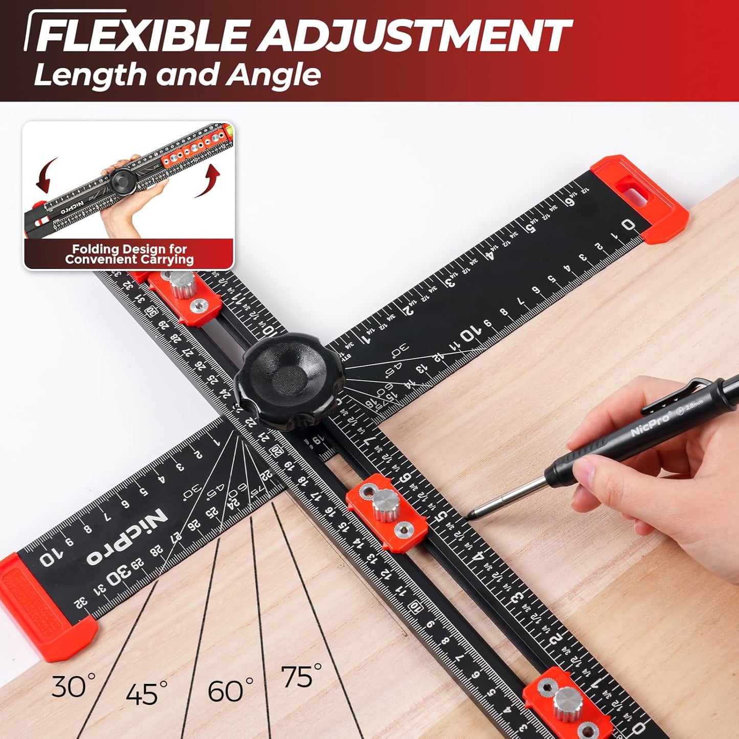 Nicpro 4-in-1 Drilling Positioning Scribing Ruler, Adjustable Multifunctional T Square Ruler with Carpenter Pencil, Carpenters Square Tools for Woodworking, Cabinet Drawer Door Hole Drilling Template