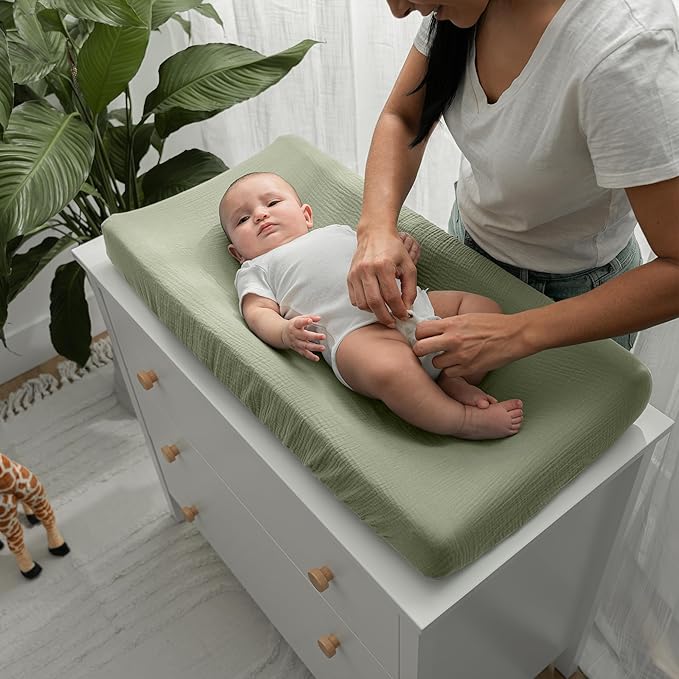 Comfy Cubs Muslin Fitted Changing Pad Cover - Soft, Breathable & Washable 100% Cotton Fitted Sheet for Baby's Comfort - Universal Fit for Flat & Curved Baby Changer Pad - Sage