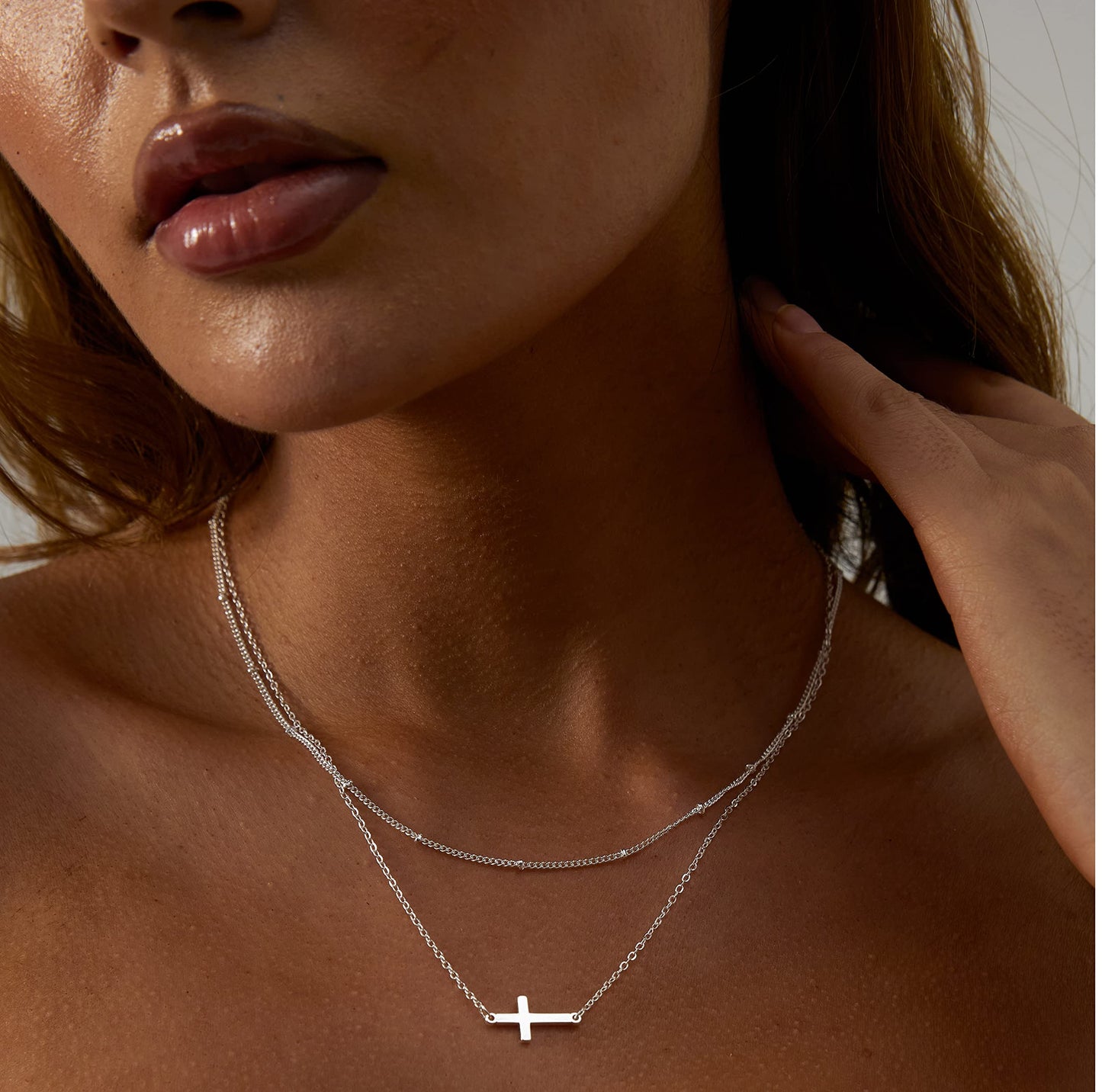 CAROVO Dainty Cross Pendant Necklace for Women Silver Plated Layered Satellite Cross Necklaces Sideways Cross Necklace Minimal E