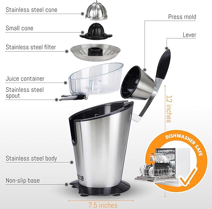 LEBENLANG Electric citrus juicer with high juice yield | Orange juicer squeezer 200W + 2 cones I Exprimidor de limones electrico Small juicers machine mini for citrus lemon Esprimidoras naranjas jugo
