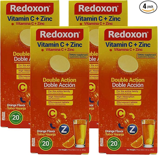 Redoxon Vitamin C + Zinc, Effervescent Tablets of Vitamin C and Zinc, Helps Support Your Immune System, Orange Flavor, 20 Effervescent Tablets, 2.82 Oz, Box (Pack of 4)
