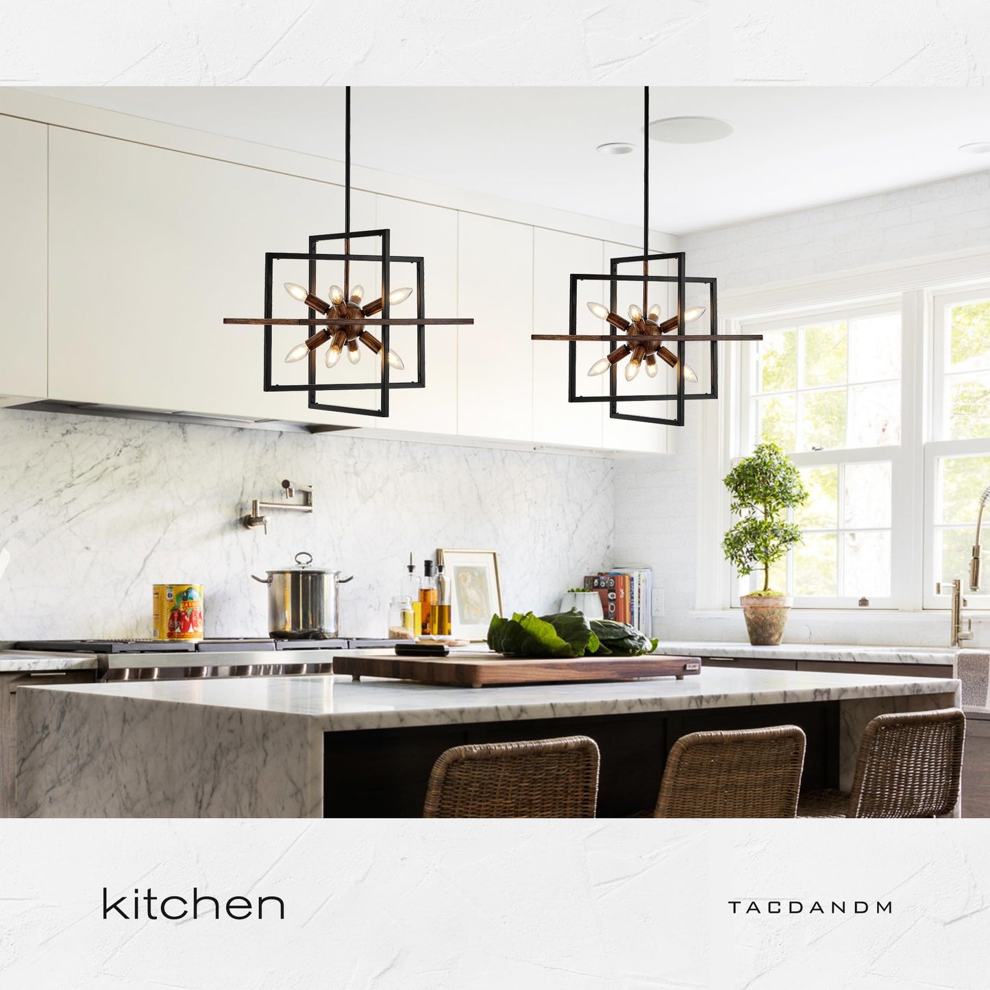 Tacdandm 8-Light Wood Grain And Vintage Black Sputnik Chandelier  18.9 Industrial Pendant Lighting Fixture For Dining Room