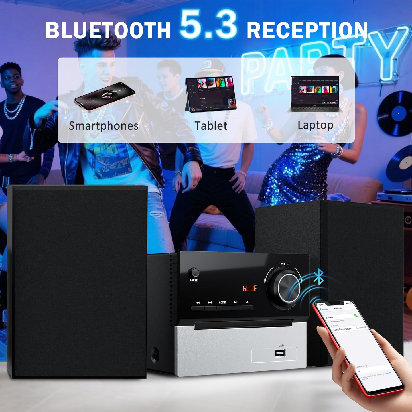 Bluetooth Stereo System For Home, Fm Radio And Cd Player, Home Stereo System With 2X15W Speakers, Usb, Aux Input, Remote Control