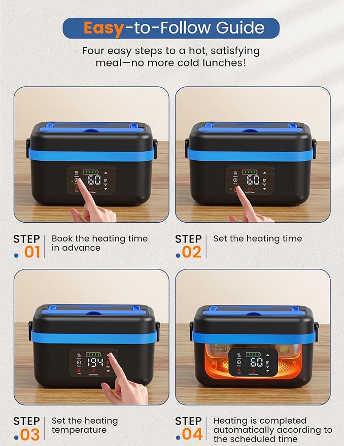 Cordless Electric Lunch Box for Adults, 1L Battery-Powered Heated Lunch Box with Insulated Bag, 16000mAh Rechargeable Self-Heating Food Warmer with Smart Reservation for Work, Travel, Car, Office