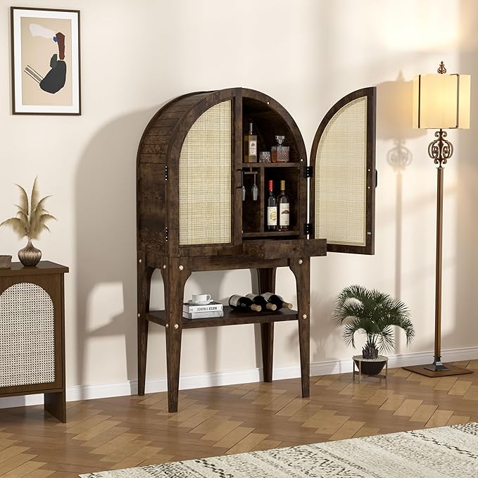 64" Tall Solid Poplar Wood Arched Bar Cabinet with Rattan Door, Wine Storage Cabinet with Wine Rack and Glass Holder, Freestanding Buffet Sideboard Tall Cupboard for Kitchen Coffee Bar