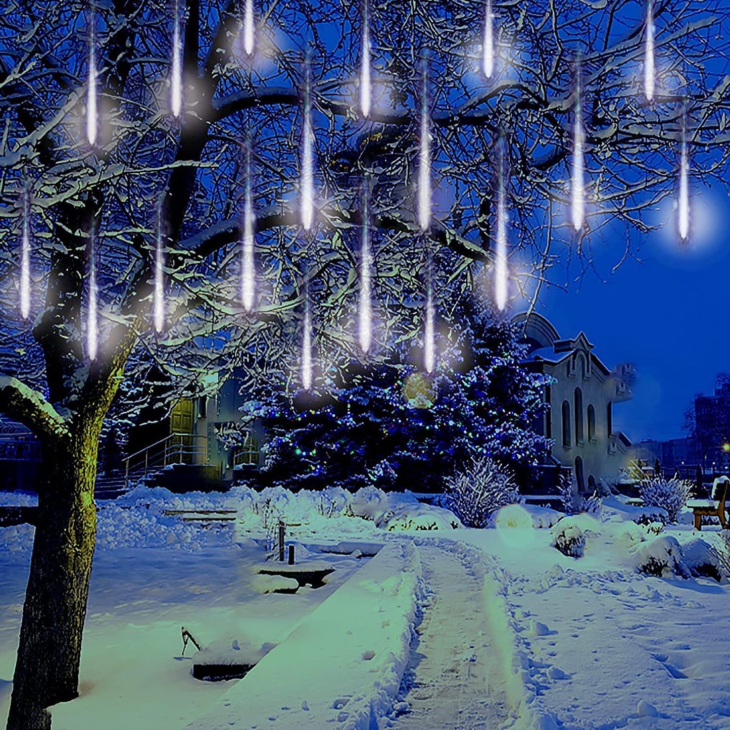 Kordain Meteor Shower Christmas Lights - 12In 8 Tubes, 144 Led, White, Ul Plug, 26.9Ft For Holiday Party Decoration