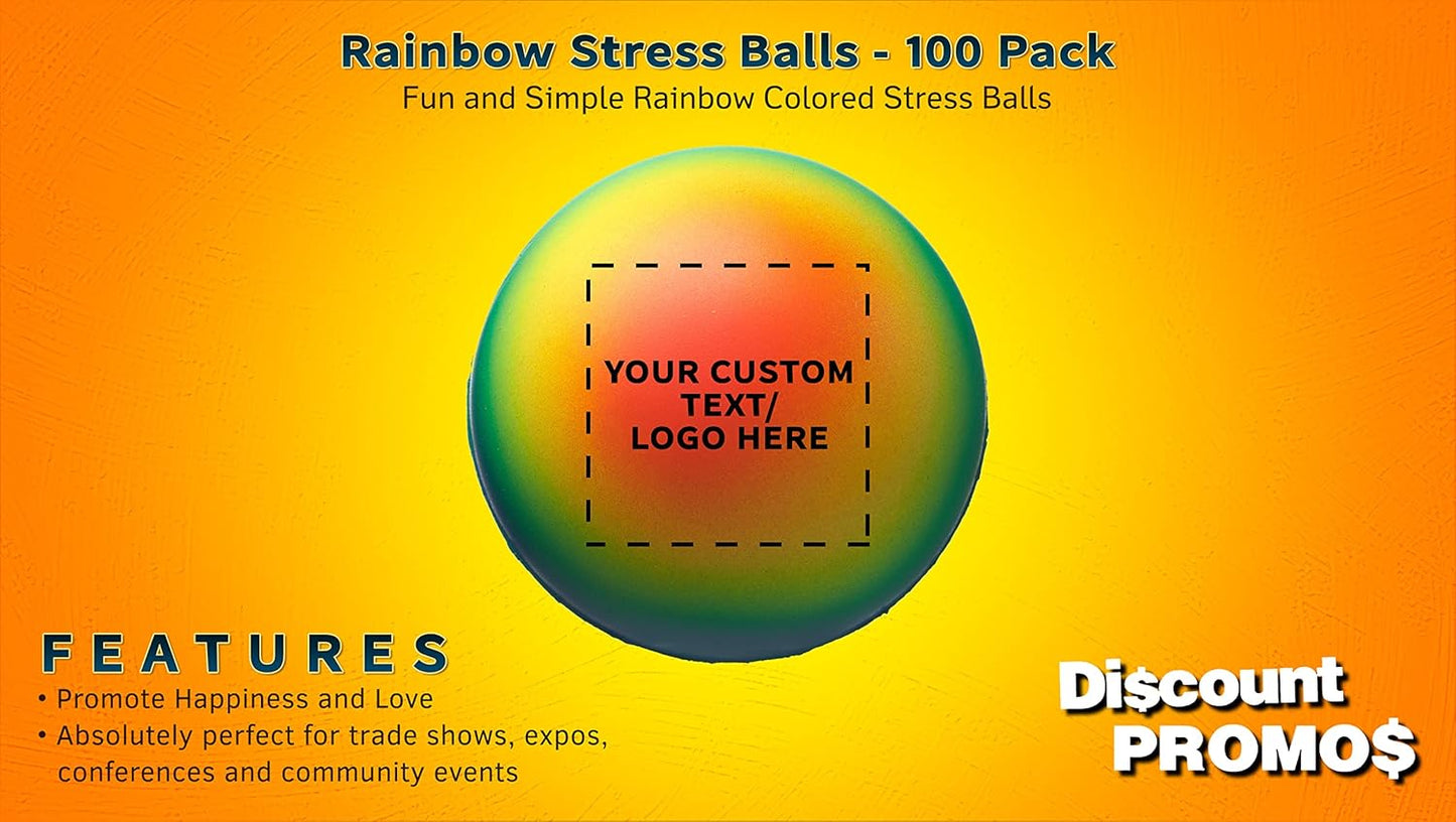 DISCOUNT PROMOS Custom Rainbow Squeeze Balls Set of 100, Personalized Bulk Pack - Perfect for Promotional Giveaways - Rainbow
