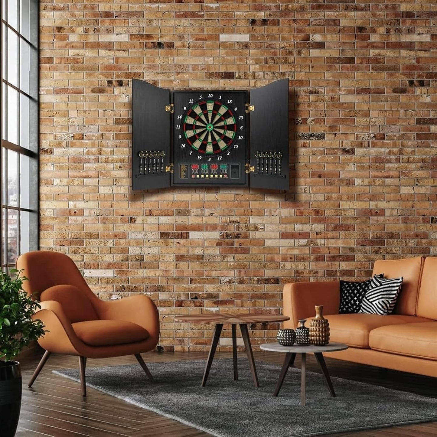 Electronic Dartboard Cabinet Set, Double Wood Door Panel Electric Darts Machine, Multiple Styles Smart Dartboard Darts Game with LED Display for Parties and Game Nights. ﻿