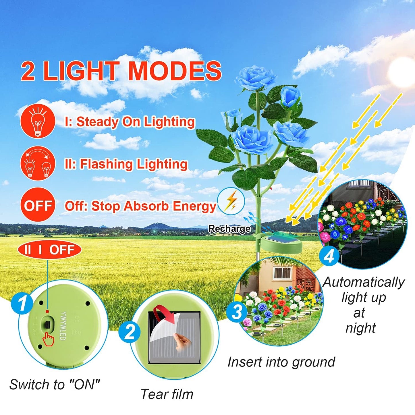 YWYWLED Solar Flower Lights - Waterproof LED Stake Lights, 4 Pack, Multicolor, New Material, Model 2023-5-12