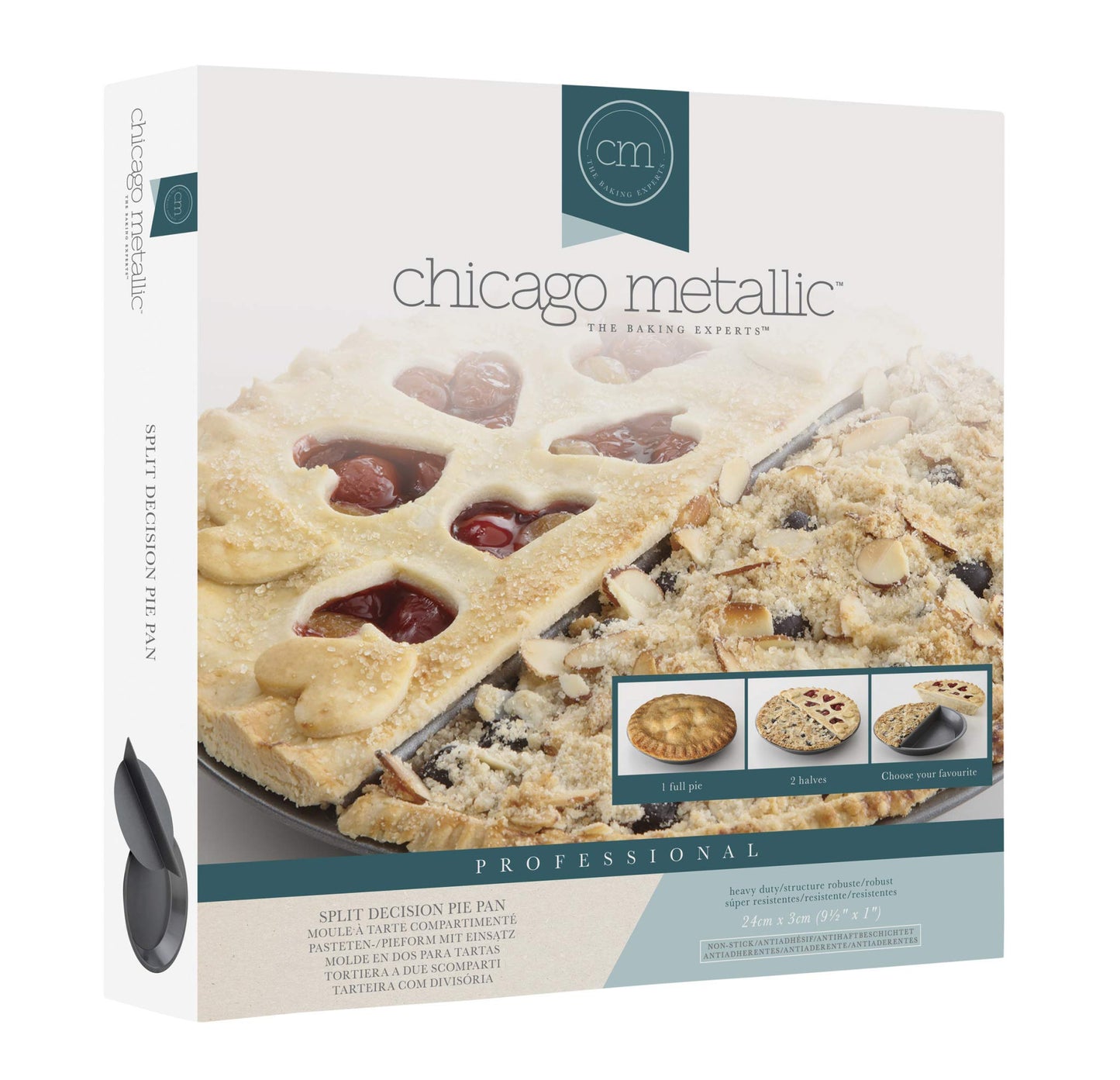 Chicago Metallic CMET26719 Professional 'Split Decision' Non Stick Split Pie Pan / Tart Tin with Divider and Loose Bottom, In Gift Box, Carbon Steel, 24 cm