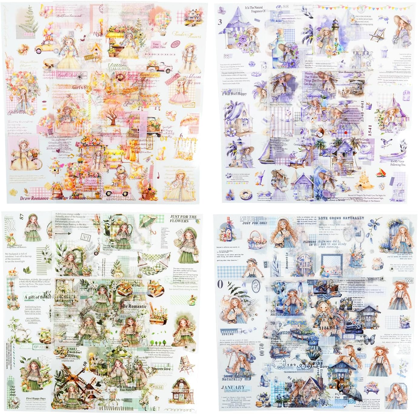 4Pcs Girl Pre-Cut Sticker Books, PET and Washi Designs for Scrapbooking, Journaling Supplies, Junk Journal Ephemera, Includes Organizer