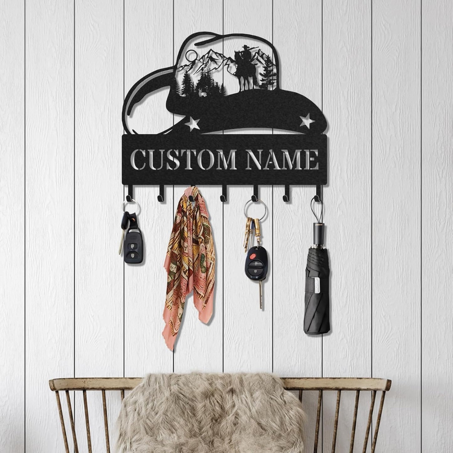 Personalized Key Holder for Wall, Custom Metal Cowboy Key Hooks with Name, Meta Jacket Holder Hooks Organizer Rack, Jacket Hanger Decor for Kitchen, Entryway, Hallway, Office, Doorway