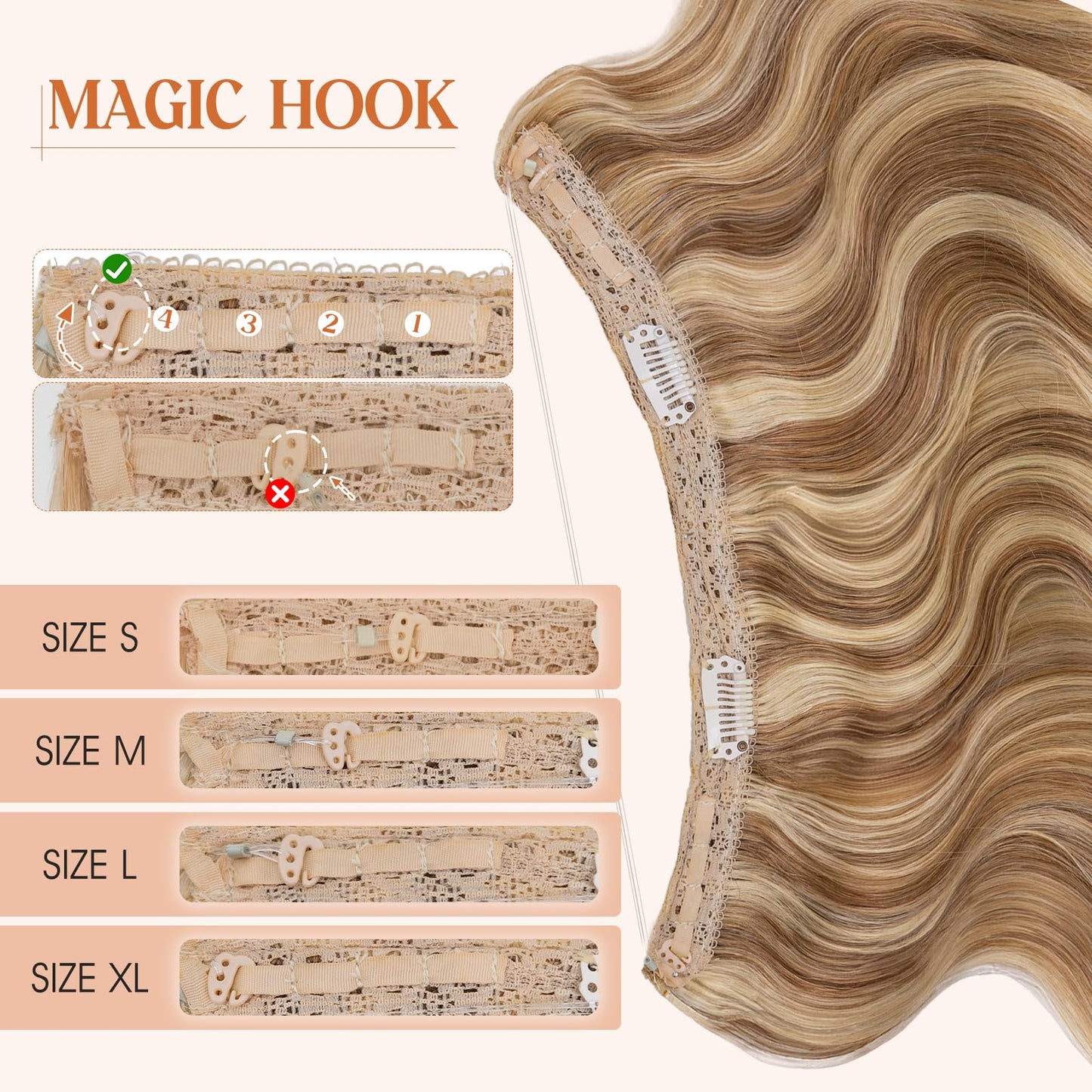 S-noilite Wavy Halo Hair Extensions Real Human Hair,18Inch Invisible Wire Hair Extensions,2 Clips Halo Extensions for Women(Gold