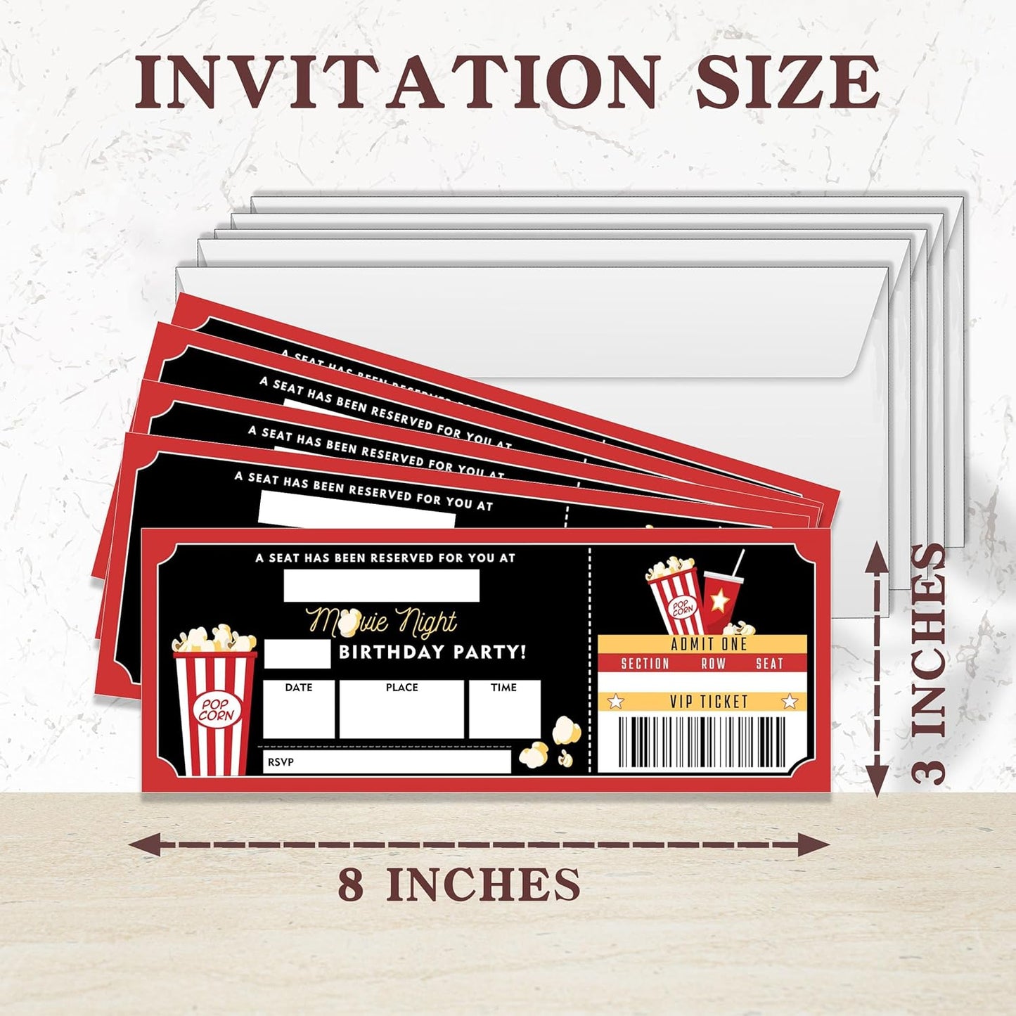 Birthday Cards-20 Movie Night Ticket Invite Cards-Red and Black Birthday Invitation with Envelopes for Movie Lovers-Party Favor & Supplies (3×8 inch)-A02