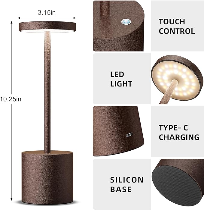 Cordless Table Lamps Rechargeable - Outdoor Portable LED Table Light 5000mAh Battery Operated Lamp 3 Color Stepless Dimming with Memory Function for Restaurant Dining Patio 2Pack Rust