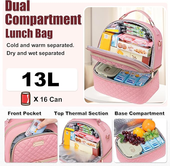Lunch Bag for Women,Double Decker Lunch Box for Womens, Insulated Lunchbag Leakproof Lunch Tote Lunch Cooler Bag for Women Men,Lunchbox with Adjustable Strap for Work Picnic Beach