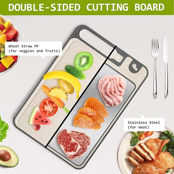 3-in-1 Stainless Steel Cutting Board for Kitchen, Double Sided, Cutting Board,Scratch-Resistant Mesh Design with Juice Groove,Easy Clean,Wheat Straw PP Large Chopping Board 15 * 11IN