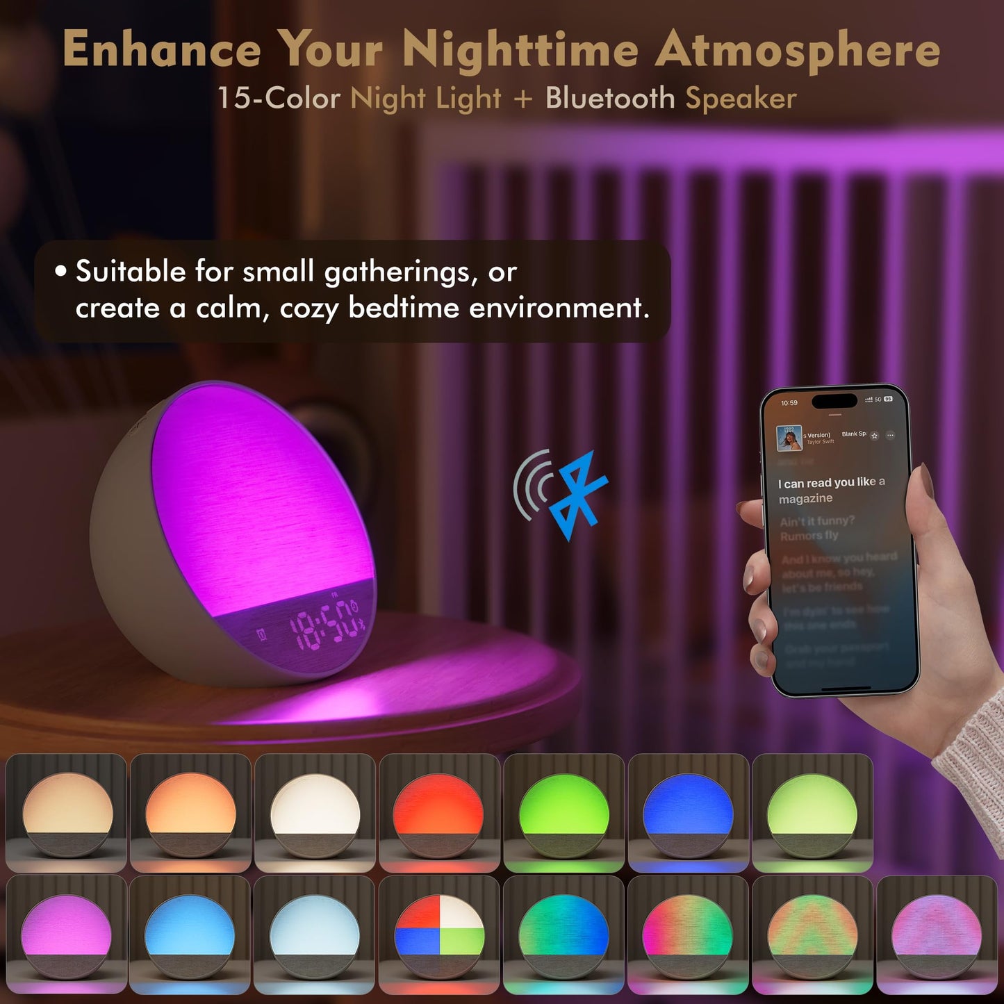 Tap-to-Snooze Sunrise Alarm Clock with Sound Machine, 36 Sounds White Noise Machine for Sleeping Adults, Gradual Sunrise Clock with Bluetooth Speaker & Remote Control, 15-Color Night Light丨Beige
