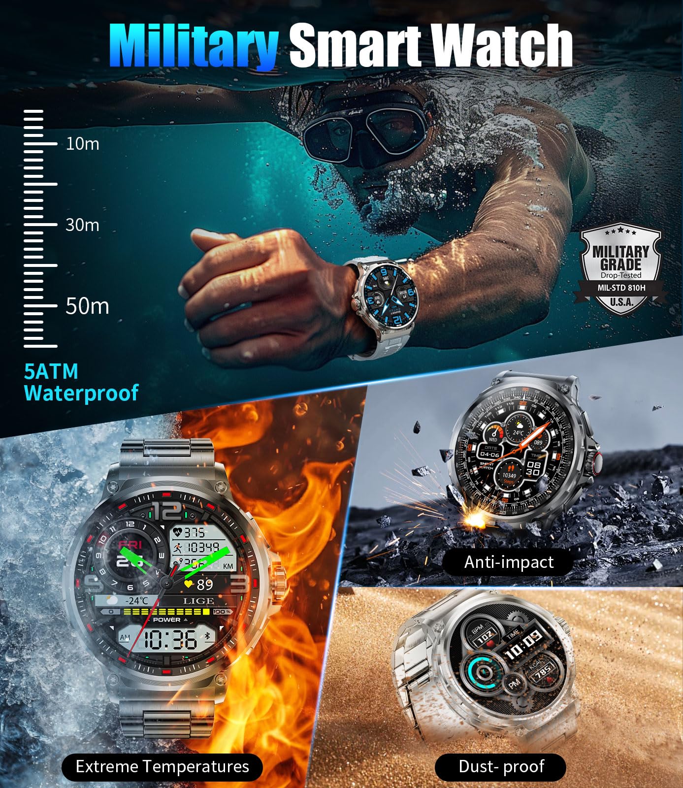LIGE Smart Watches for Men(Answer/Make Call),1.85" HD Screen Outdoor Sports Smartwatch,800mAh Battery,Heart Rate/Sleep Monitor 5ATM Waterproof Fitness Tracker for Android iOS,3 Straps