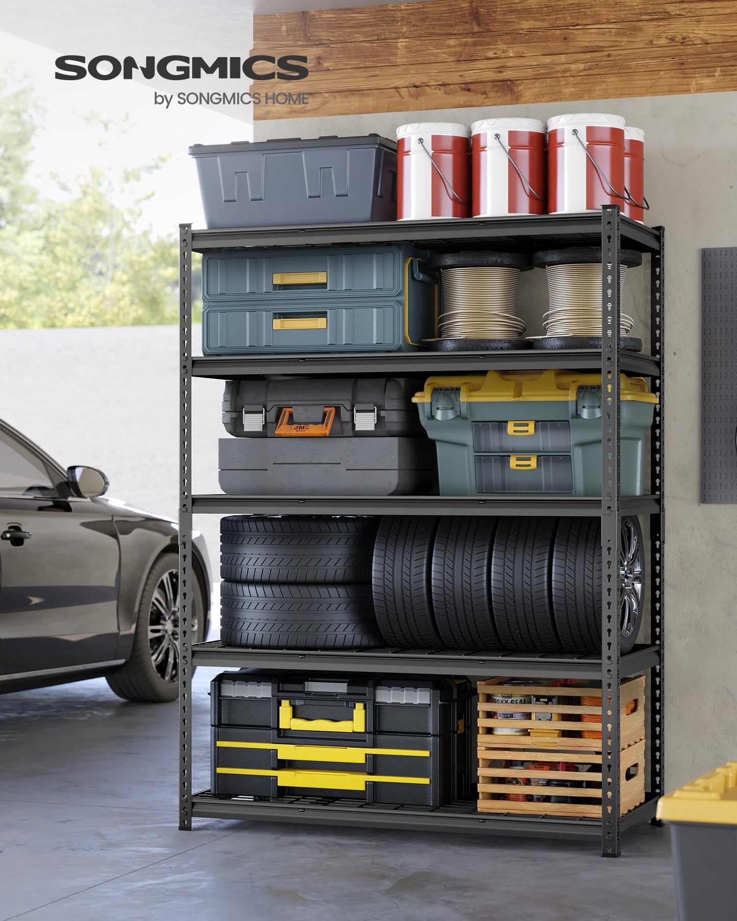 SONGMICS 5-Tier Storage Shelves, Heavy-Duty Garage Shelving, Adjustable Shelving Unit, Steel Shelf, Boltless Assembly, for Garage, 2,200 lb Load, 24 x 144 x 72 Inches, Ink Black UGLR454B03