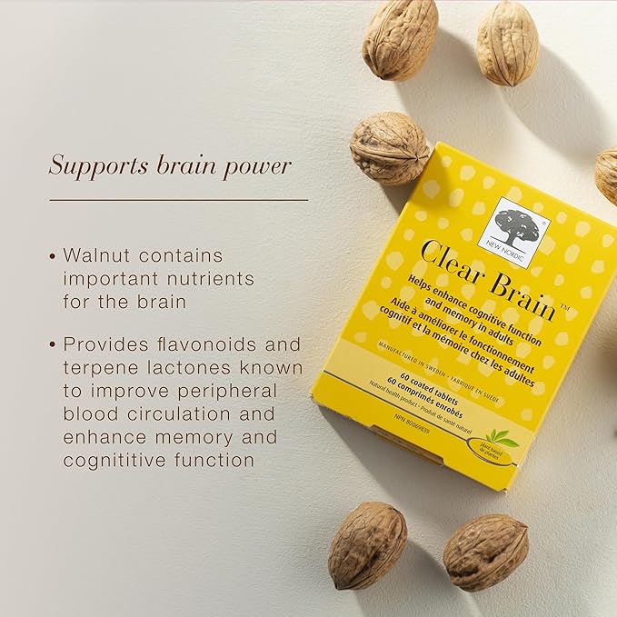 New Nordic Clear Brain Tablets, Supports Normal Cognitive Health and Memory, with Green Tea and Walnut, Swedish Made, 60 Count (Pack of 1)