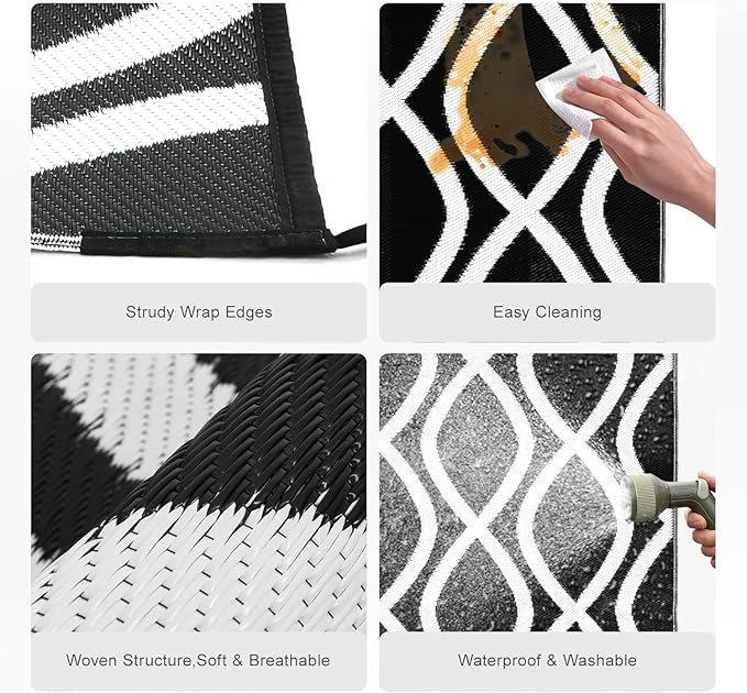 wikiwiki Outdoor Rug, 8x10ft Waterproof Reversible Mat Indoor Outdoor Rugs Carpet, Small Area Rug Plastic Straw Rug for Patio Deck Balcony Pool RV Camping Beach Picnic, Black & White, Rugscape Series