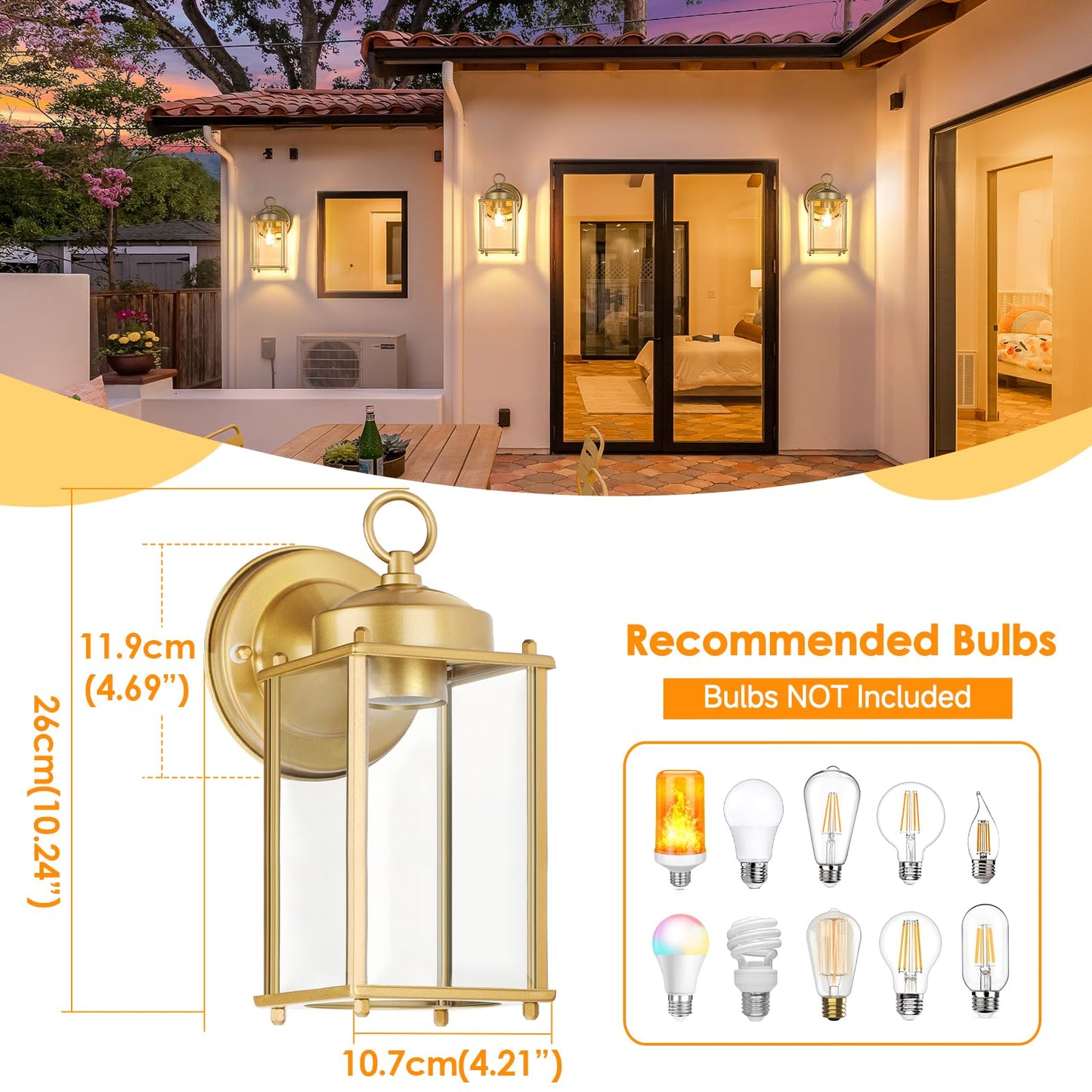 MATAMEYE Large Outdoor Wall Lantern, Waterproof Gold Sconce Light, Clear Beveled Glass, Iron, 10.24 inch, Model GS8648-XL, 2 Pack
