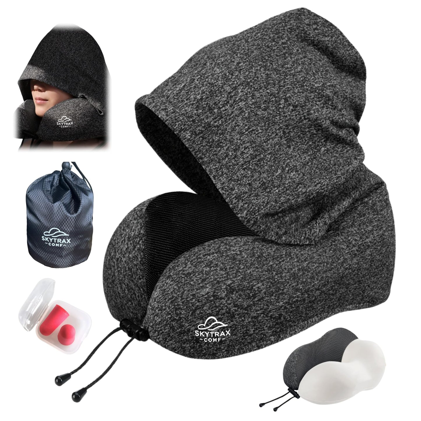 Travel Pillow with Extra Large Hood for Airplane Long Flights Privacy and Comfort Memory Foam with Skin-Friendly Cover for Road Trip Head&Neck Support for Plane Office Cars Sleeping & Rest (Grey)