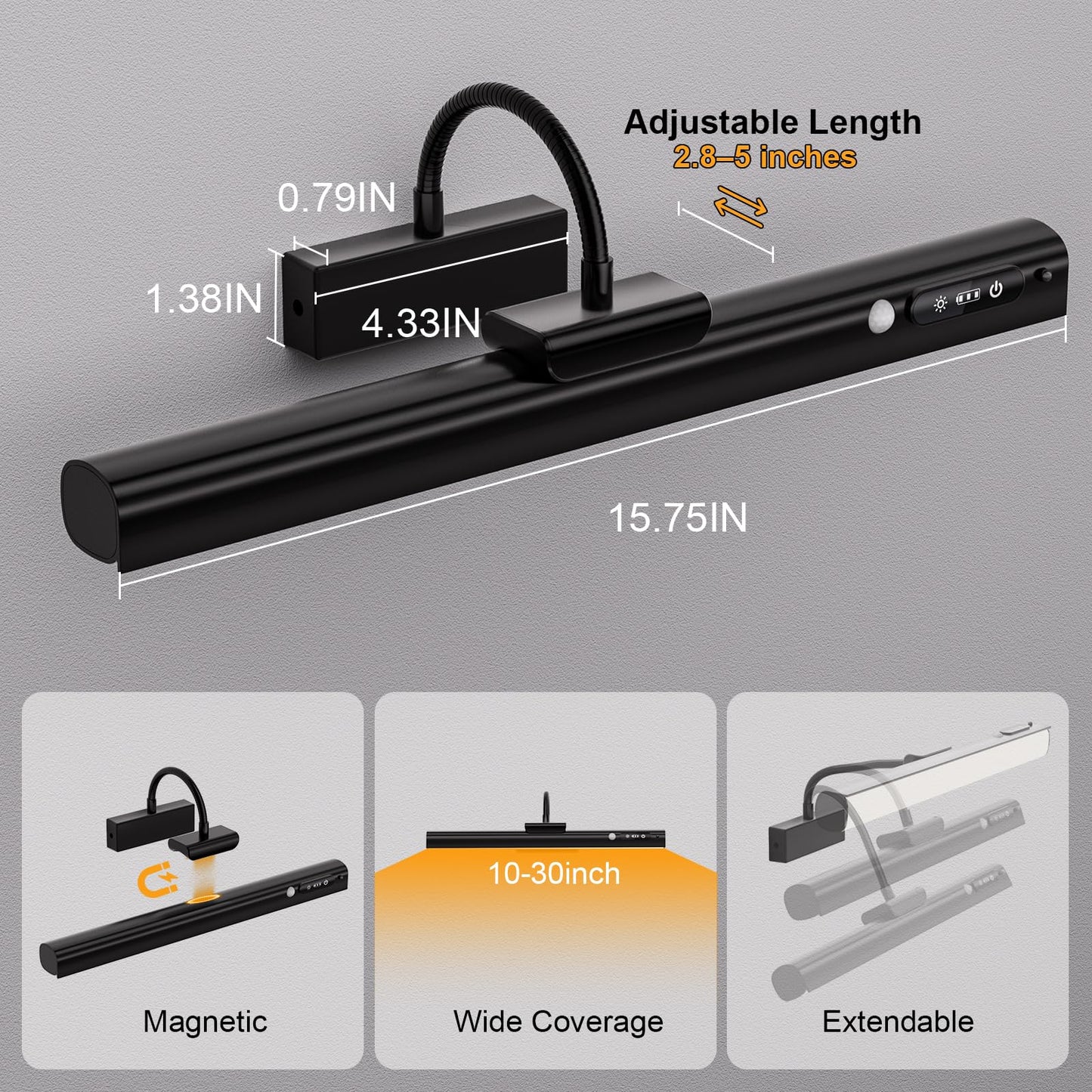 RIRIBEN 15.7'' Picture Lights for Wall with Motion Sensor, 9000mAh Rechargeable Battery Operated Poster Lights for Paintings, Portraits, Wall Decor, Black
