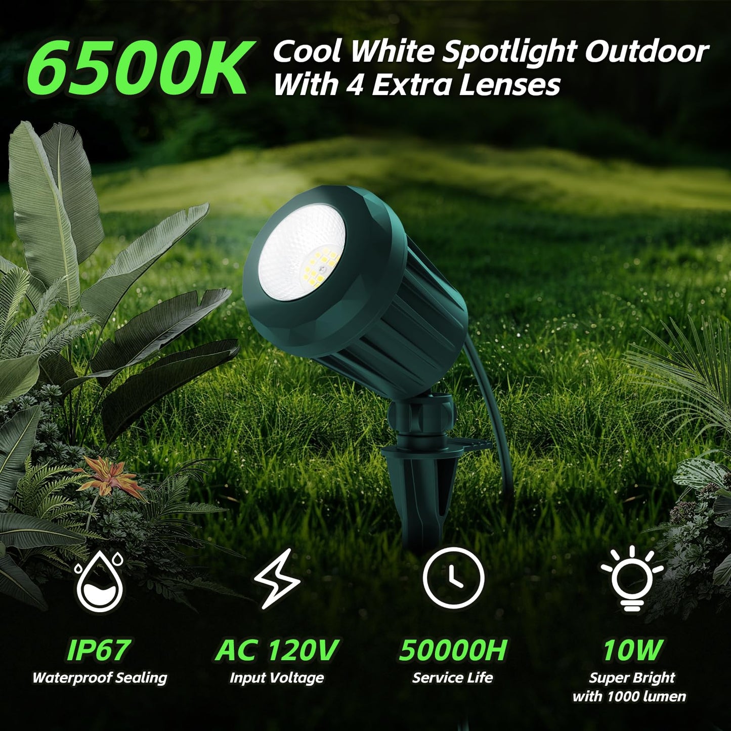 Holeva Halloween & Christmas Outdoor Spotlight  6500K Cool White Led Landscape Lighting With 4 Lenses (Rgb Purple)  Ip67 Waterproof  120V Plug-In For Yard  Garden Tree Holiday Decor(1 Pack  Green)