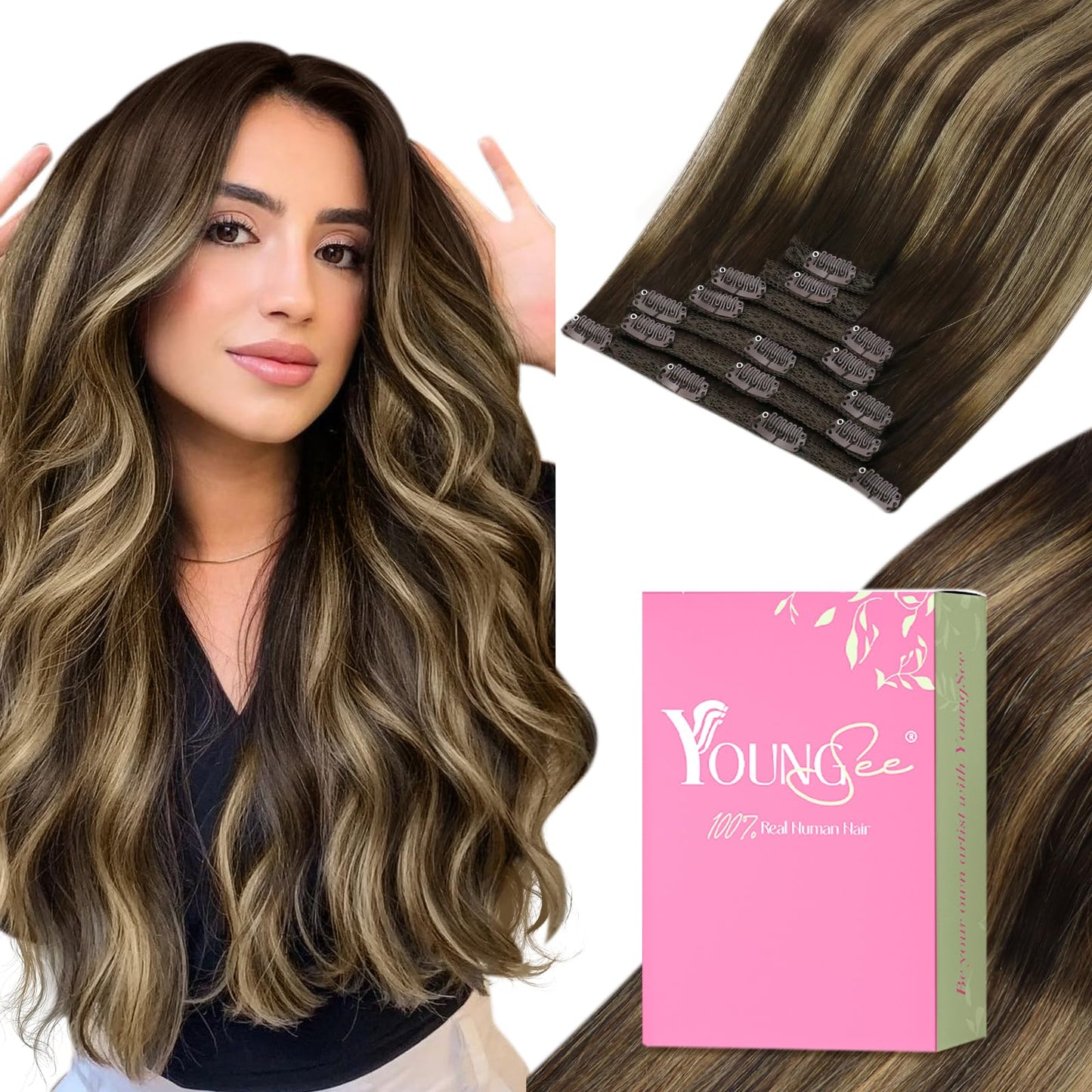 YoungSee 150g Balayage Clip in Hair Extensions Human Hair Balayage Chocolate Brown Mix Caramel Blonde Balayage Hair Extensions B