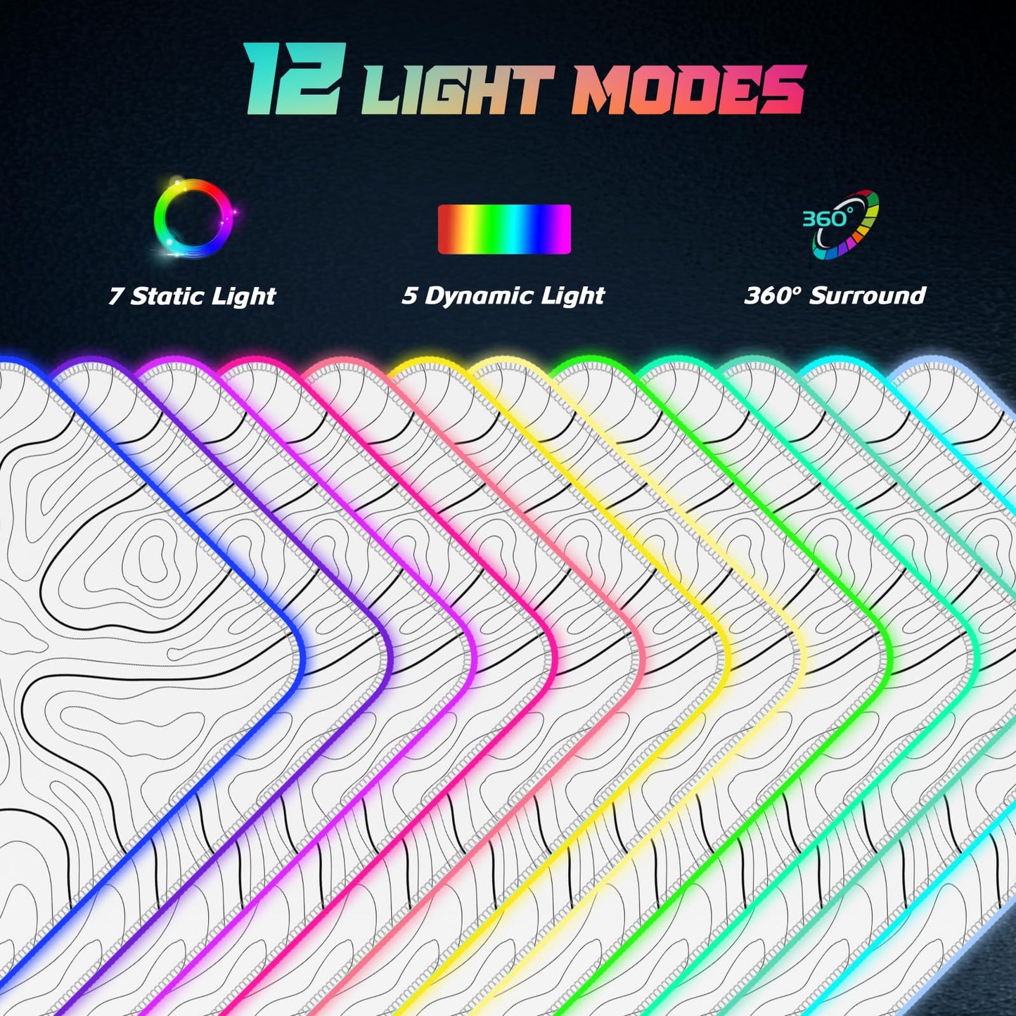 ITNRSIIET RGB Gaming Mouse Pad, Full Desk XL Extended Large Gaming Mousepad, 12 Lighting Modes 30% Thicker Big LED Desk Mat for Gamers, 32 x 12 inches, Topographic Contour White