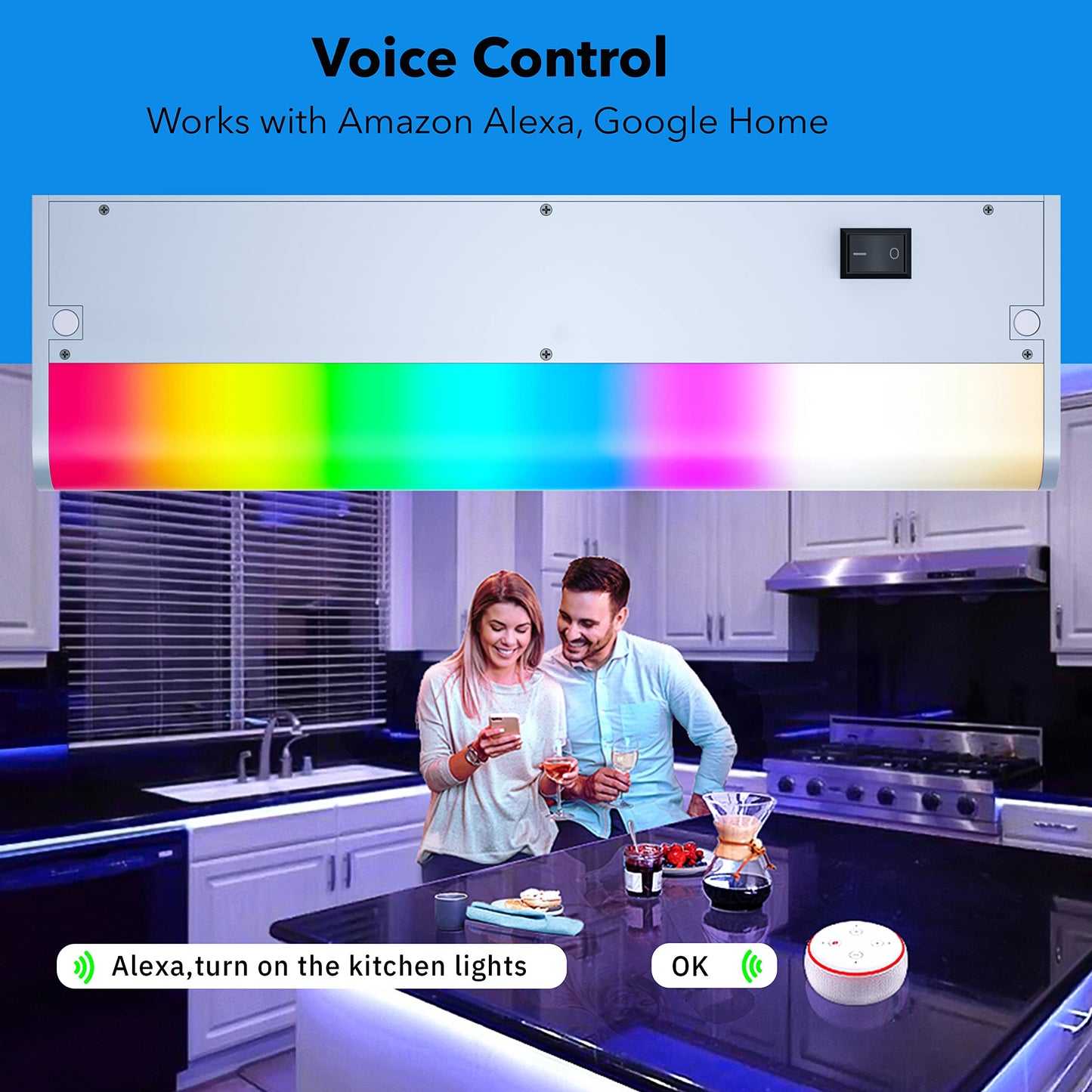 LAMPAOUS LED Smart Under Cabinet Lights, Dimmable RGBCW, 12 Inch, Hardwired or Plug-in, Remote Control, Compatible with Alexa/Google