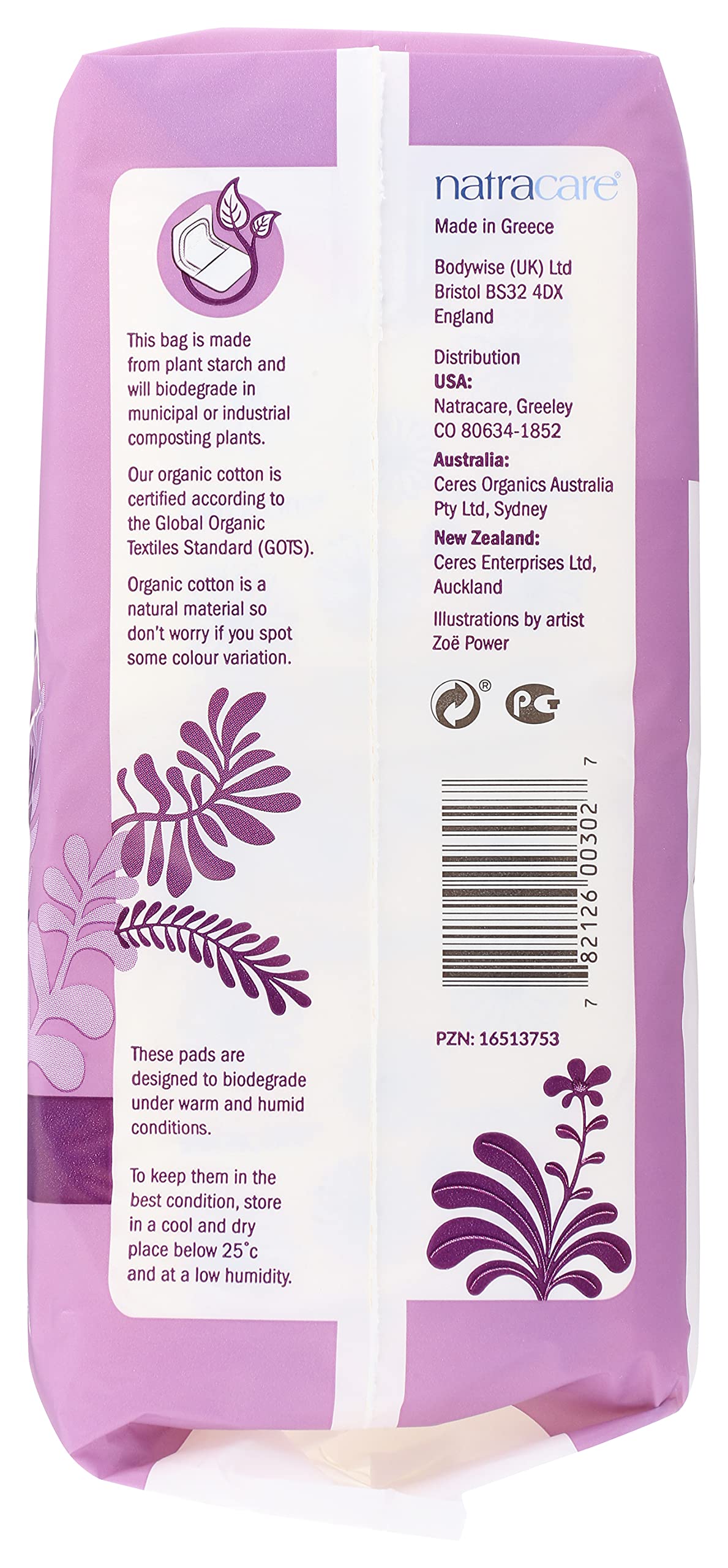 Natracare Natural Traditional Style Maxi Pads, Regular, Individually Wrapped, Without Wings in Plant-Based Bag (1 Pack, 14 Pads Total)