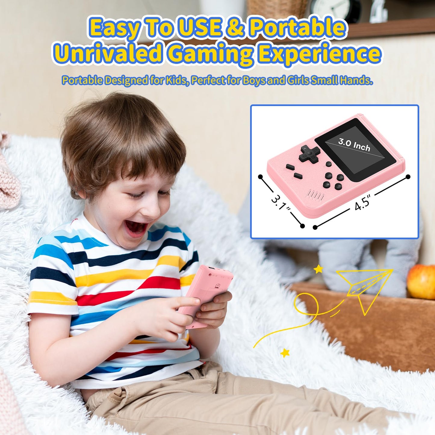 Mini Handheld Game Console for Kids, Preloaded 400 Retro Video Games, Portable Video Gaming Player with 3.0" IPS Screen and Rechargeable Battery (Pink)